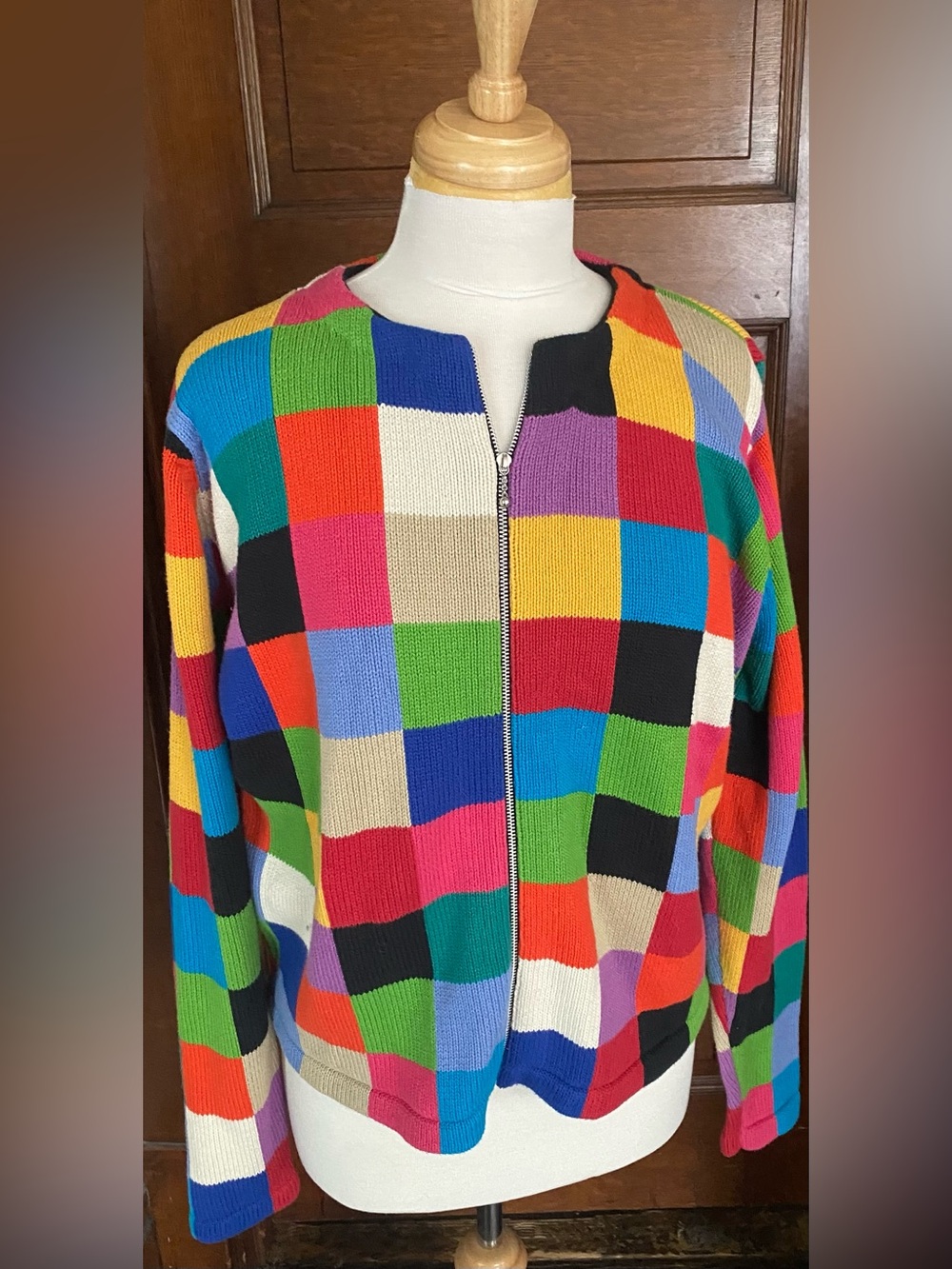 Mark,Fore & Strike. Vintage Multicolor Checkerboard Zip-Front Women’s Sweater